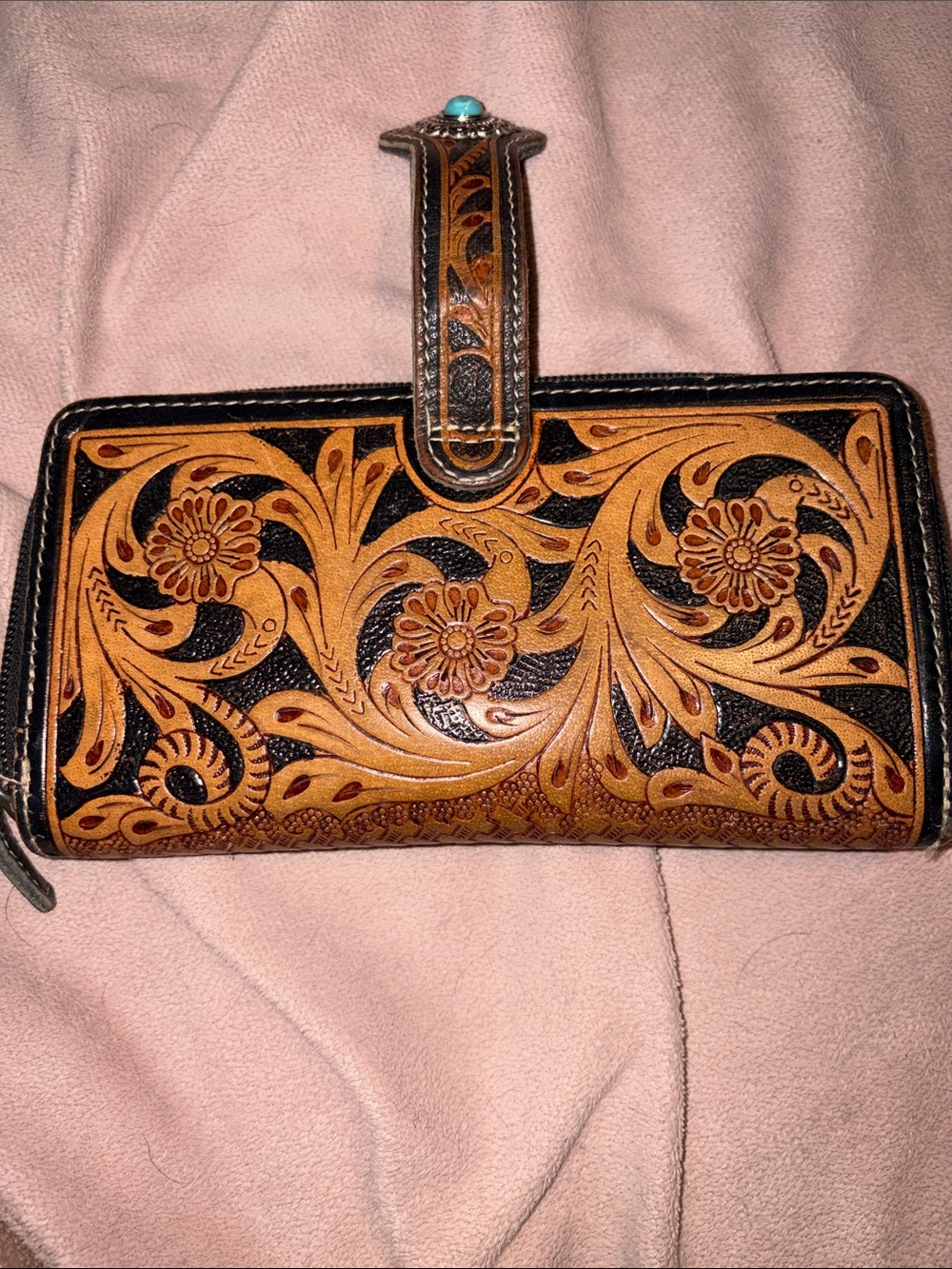 Hand-Tooled Floral Leather Wallet with Turquoise Accent - Brown/Black - Picture 5 of 6